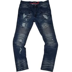 Makobi MK Biker Jeans Mens‎ 34x32 Blue Distressed Moto Slim Fit Streetwear Urban